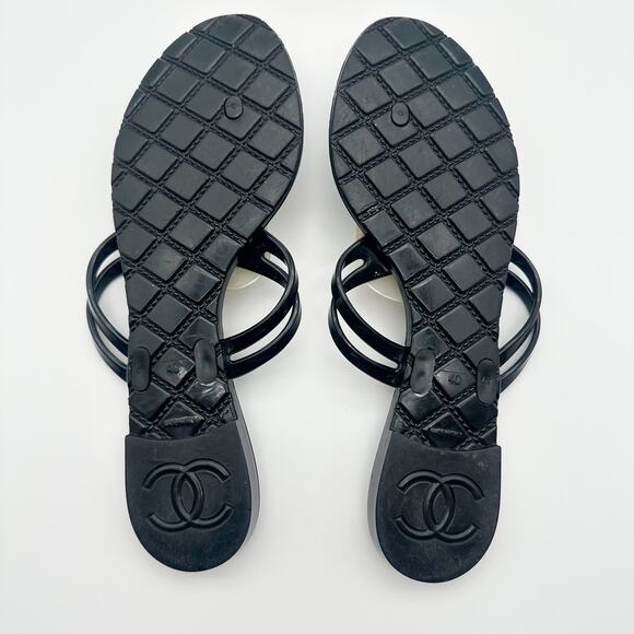 Chanel Camellia Flower Rubber PVC Thong Flip Flop Sandal Black 40 Flat Summer - Picture 9 of 10
